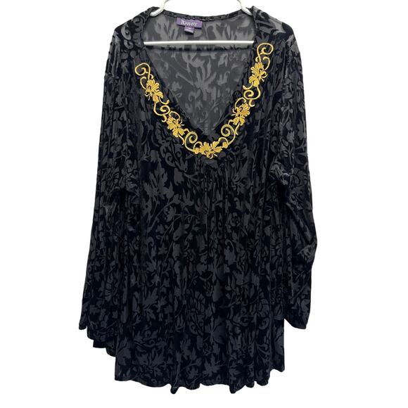 Roaman's Tops - Roaman's Black Burnout Velvet Tunic Top 28W Gold Embroidered Boho Goth